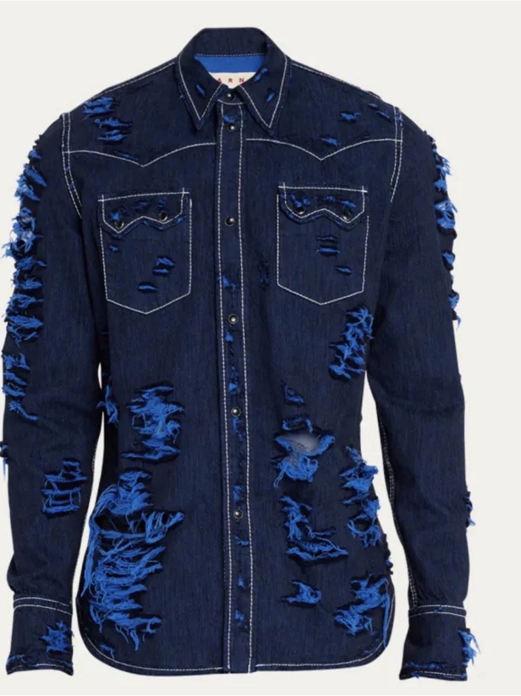 Marni Italian Distressed Dark Indigo Denim Shirt With Electric Blue Accents